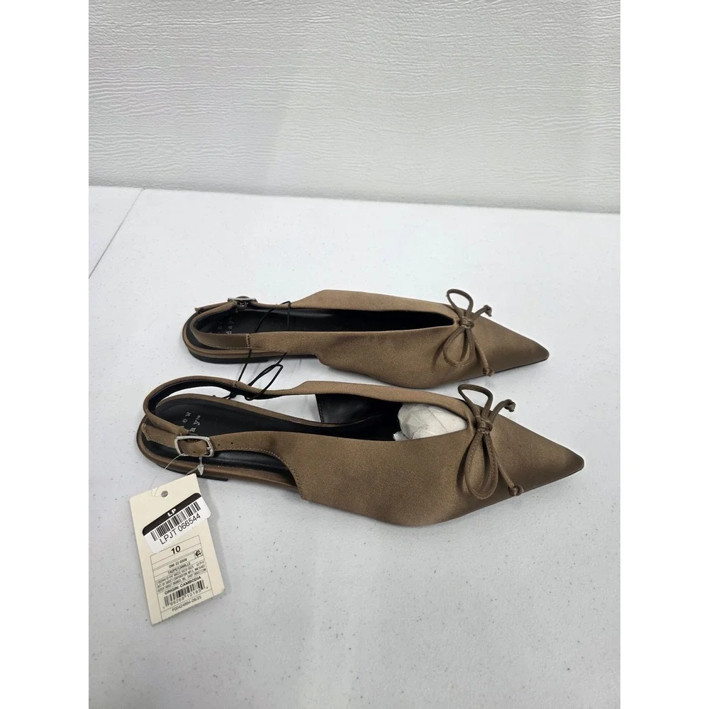 A New Day Camille Taupe Satin Pointed Toe Slingback Bow Flats Shoes Size 10 NWT